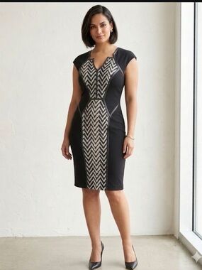 Frank Lyman Black and White Chevron-Panel Cocktail Dress